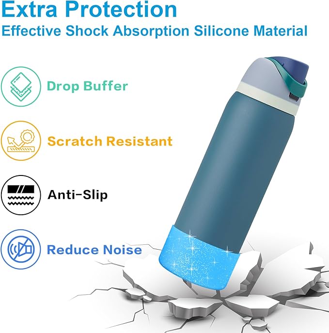 2PCS Silicone Water Bottle Boot for Owala 40oz, Protective Bottom Bumper Anti-Slip Sleeve for FreeSip, Twist, and Flip Stainless Steel Bottles, Dishwasher Safe and BPA Free(Shiny Blue)