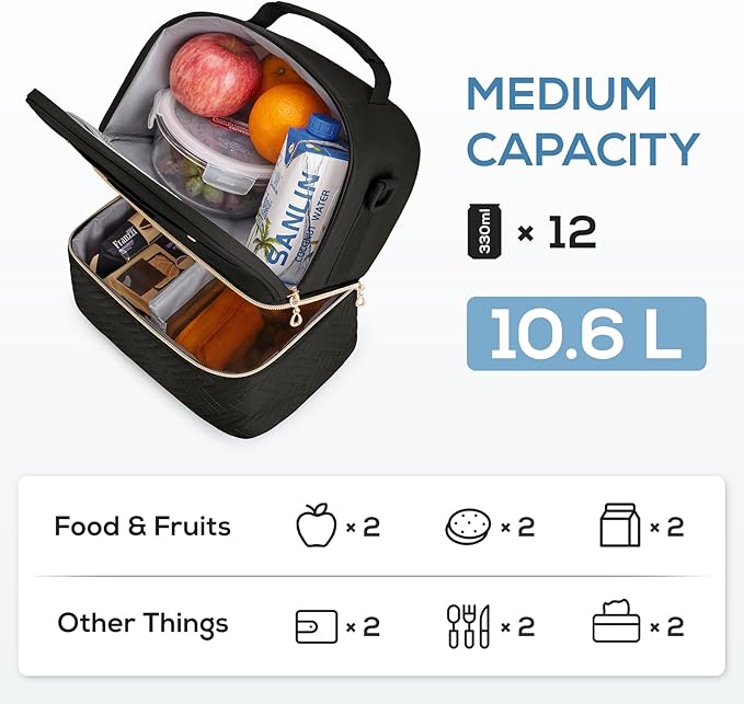 TOURIT Lunch Bag Women Double Deck Lunch Box Insulated Lunch Cooler for Women Men Work, Black