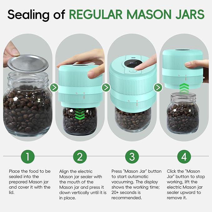 Mason Jar Vacuum Sealer Kit, Electric Sealer for Wide and Regular Mouth Mason Lids, Canning Vacuum Sealer Mason Jar, Automatic Vacuum Sealer Machine for Food Storage - Celadon Blue-Green