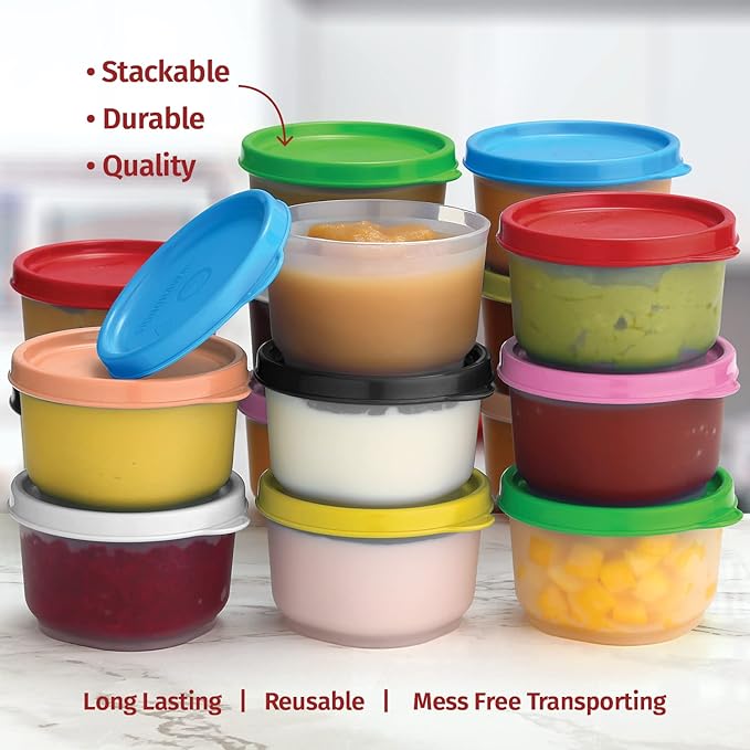 SIGNORA WARE Reusable Plastic Food Storage Containers 16 pack 4 oz. Stackable Airtight Leak proof Containers for Snacks, Nuts, Baby Food, Picnics, Food Prep, Salad Dressing - BPA Free