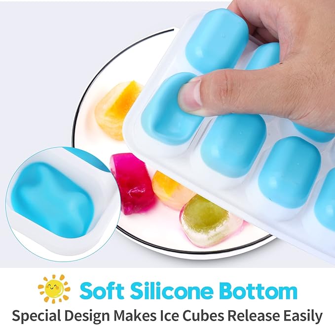 Silicone Ice Cube Tray, Jrisbo 4 Pack Easy-Release & Flexible 14-Ice Cube Trays with Spill-Resistant Removable Lid, Stackable Ice Trays with Covers for Freezer, Cocktail (Blue)
