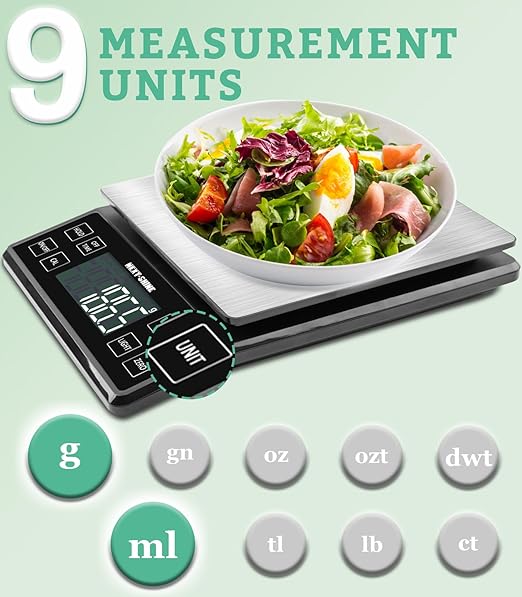 NEXT-SHINE Food Kitchen Scale 11lb, 0.1g/0.01oz Precise Graduation Rechargeable Digital Scale with Nine Units Large Tray Stainless Steel Platform LCD Display for Meal Prep Cooking Baking