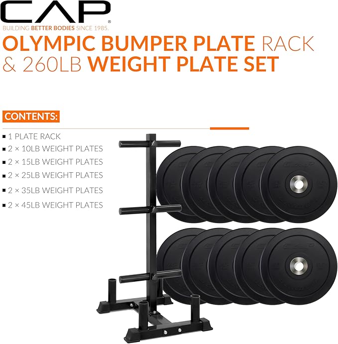 CAP Barbell 2-Inch Olympic Bumper Plate Weight Set with 6 Post Rack | 100-370 lbs | Multiple Options