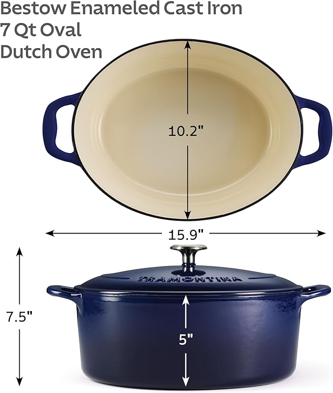 Tramontina Bestow Enameled Cast Iron Oval Dutch Oven Pot with Lid, Large 7-quart, Blue
