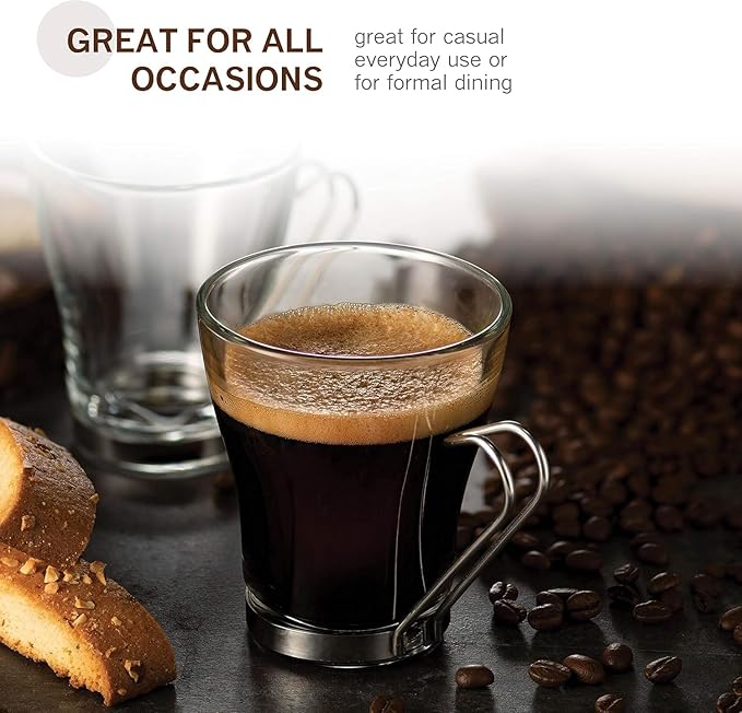 Bormioli Rocco Oslo 7.5 oz. Cappuccino Tempered Glass Cup with Removable Stainless Steel Handle for Coffee, Tea, Lattes, and Hot Drinks, Set of 4