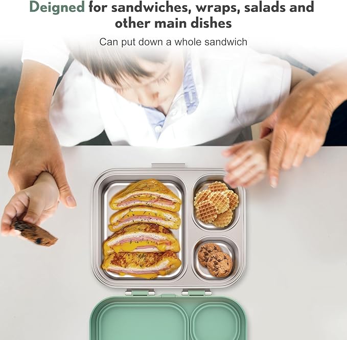 Stainless Steel Bento Box Kids, Leak Proof Metal Bento Lunch Box,3 Compartments 304 Stainless Steel Bento Lunch Containers for School and Office, BPA-Free(Green)