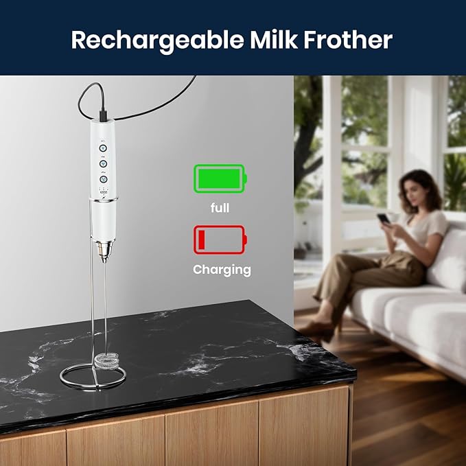 Milk Frother with Stand Rechargeable-Handheld Coffee Frother with 3 Stainless Whisks 3 Speed Adjustable, Electric Whisk Drink Mixer, Foam Maker Blender for Matcha Latte Cappuccino Chocolate
