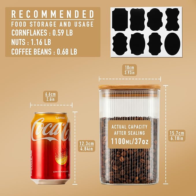 37oz Airtight Glass Square Storage Canisters with Bamboo Lids Set of 4 (1100ml) Striped Stackable Containers, Kitchen Jars for Pantry Noodles, Flour and Coffee beans (‎with Black Lable)