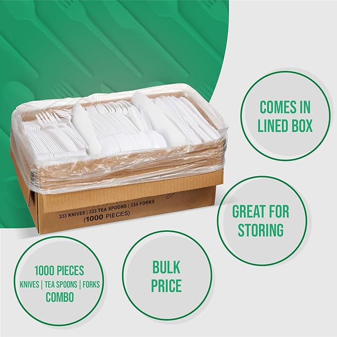 1,000 Plastic Disposable Cutlery Bulk Variety Pack White Medium Weight Includes 334 forks, 333 knives, 333 soup spoons, Disposable Silverware Plastic Cutlery
