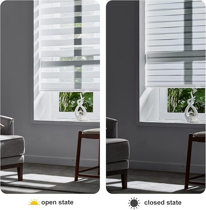 Persilux Cordless Zebra Blinds for Windows, Free-Stop Dual Layer Zebra Roller Shades (25" W x 72" H, White) Light Filtering Sheer Shades, Room Darkening Roller Blinds for Office and Home