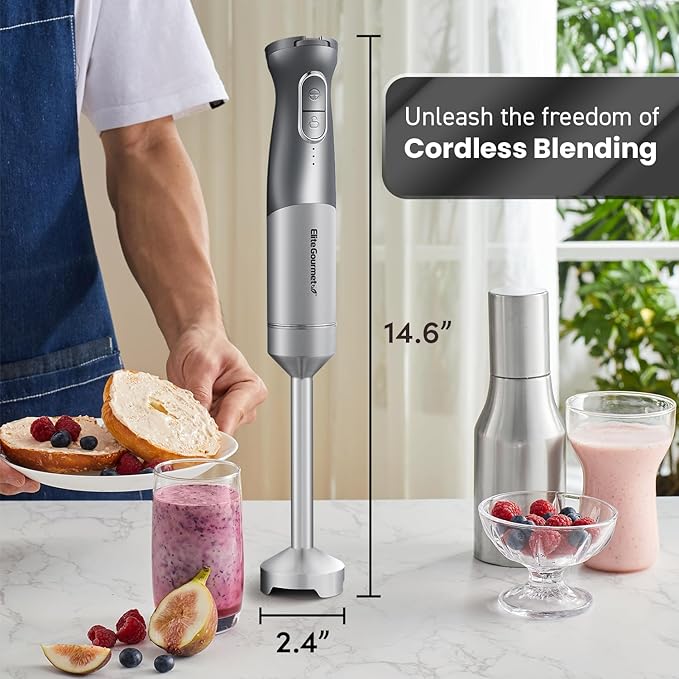 Elite Gourmet EHB1300 Cordless, Rechargeable Hand Blender, Variable Speed Blending with One-Touch Power Button, Stainless Steel Blades, Portable, Easy Control Stick Mixer, Baby Food, Charcoal Grey
