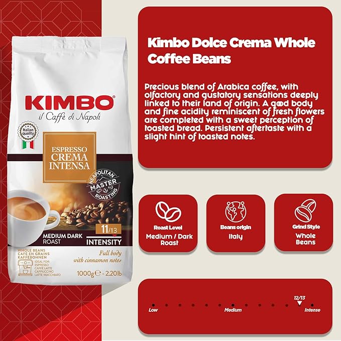 Kimbo Espresso Crema Intensa Whole Bean Coffee | Medium Dark Roast | 11/13 Intensity | Blended & Roasted in Italy | Full Body with Cinnamon Notes | 2.2 Lbs bag