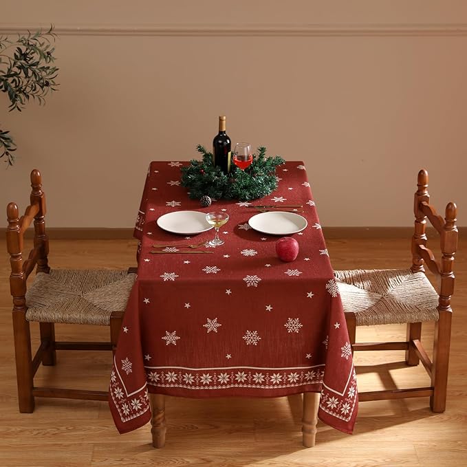 ISAENNE Designer Christmas Red Table Cloth for Rectangle Table,Linen Tablecloth with Snowflakes Pattern,Wrinkle Resistant Decor Tablecloths for Dining Kitchen Thanksgiving,55"*79"-Carol C