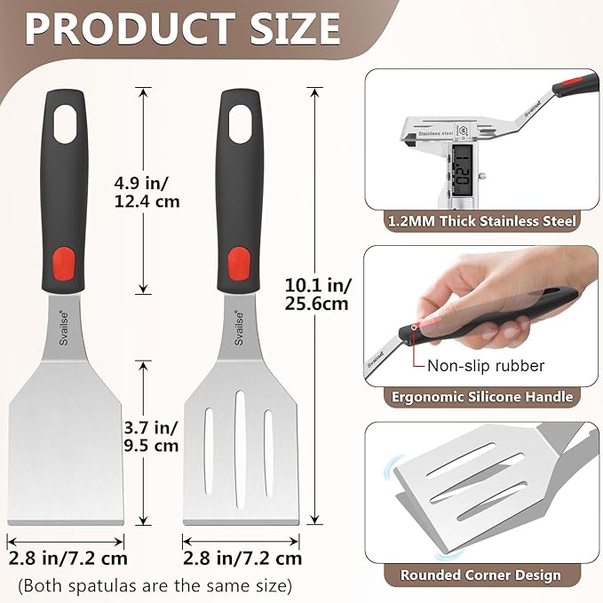 2Pcs Stainless Steel Spatula Set, Metal Turners for Kitchen Use, Metal Cooking Utensils for Cast Iron Skillet with Silicone Handle, Spatula Flipper for Frying Egg, Brownie, Cookies or Pancake