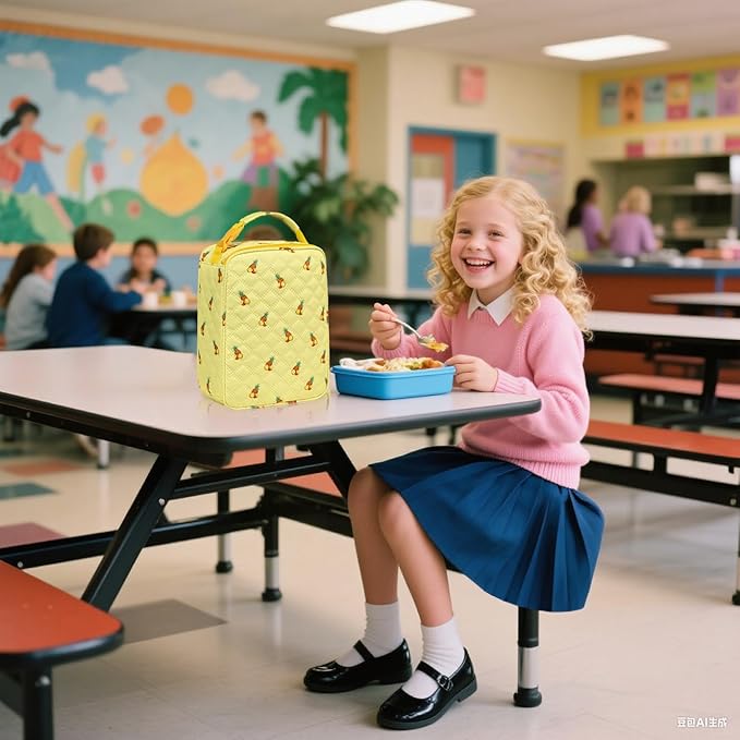 TuErCao Cute Strawberry-Print Lunch Box Kids for School, Compact Reusable Tote LunchBox for Girls for School, Office, Picnic, Lightweight Small Lunch Bag Fits Bento Boxes, Snack and Foods