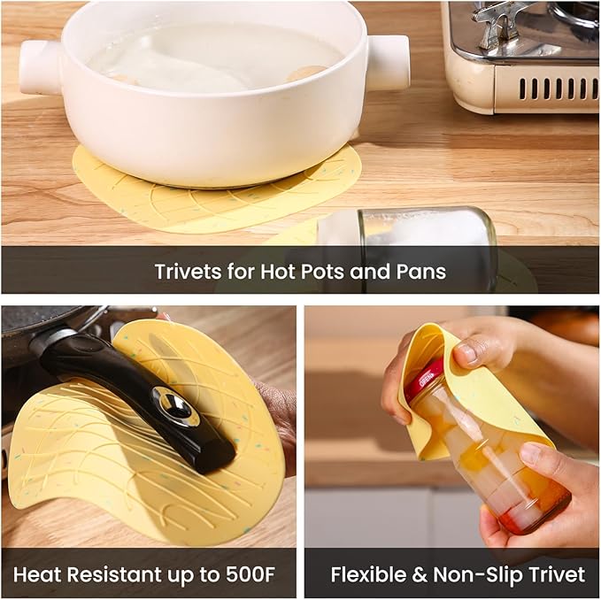 4 Pieces Oven Mitts and Pot Holders of Macaron Color Thickened Non-Slip Silicone Kitchen Gloves, Heat Resistant up to 500F, Essential for Kitchen Baking(makal-Huang)