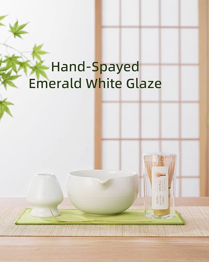 ZENS Matcha Whisk Set, 5pcs Matcha Kit Set Includes Ceramic Bowl, Bamboo Whisk and Chasen Holder, Scoop & Tea Mat，Matcha Tea ceremony Gift for Matcha Lovers, White