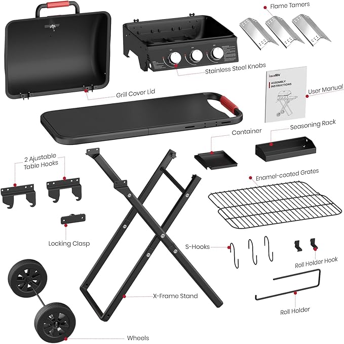 3-Burner Portable Gas Grill with 30,000 BTU, 320 SQ.IN Detachable Propane Grills, Non-Stick Porcelain Grate, Built-in Thermometer, Quick-Fold Design for Camping, Tailgating & Outdoor BBQ