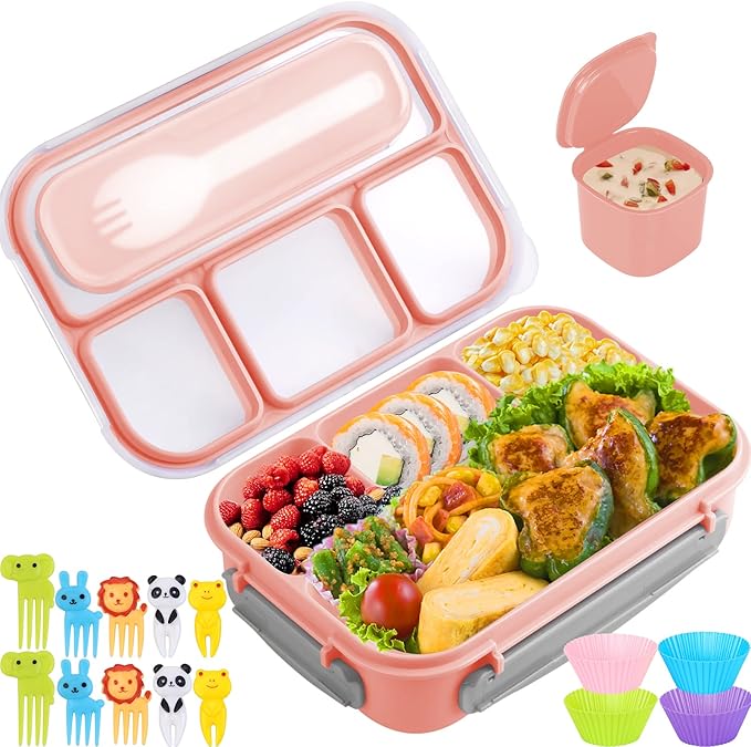 Bento Box Kids, 1300ML Adult Lunch Box with 4 Compartment & Food Picks & Cake Cups, Leak-Proof, Microwave/Dishwasher/Freezer Safe (Pink)