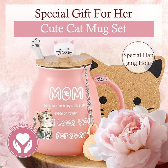 Christmas Gifts for Mom Stocking Stuffers for Mum Cute Ceramic Coffee Mug with Lid Fish Infuser Tea Cup Pink Stuff Best Mom Mama Gifts Mother Day Present Thank you Birthday Gifts from Daughter Son