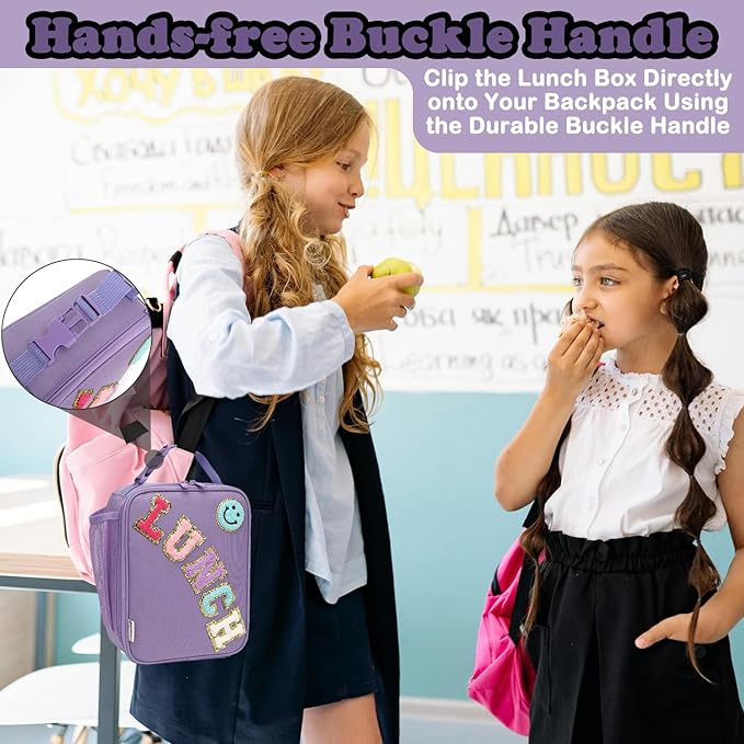 FlowFly Lunch box Insulated Soft Bag Mini Cooler Back to School Thermal Meal Tote Kit With Buckle and Mesh Side Pocket for Girls, Boys, PurpleWithLetter