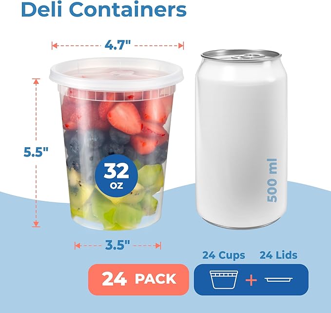 Fit Meal Prep 24 Pack 32 oz Deli Containers with Lids Variety Pack, US Made Leakproof Assorted Plastic Soup Containers, Combo Clear Food Storage Containers with Lids, Microwave Freezer Safe