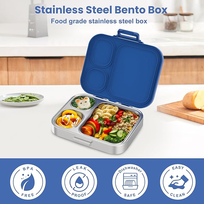 Stainless Steel Bento Lunch Box for Kids | 3-Compartment Lunch Box Container Kids | 100% Leakproof, Eco-Friendly, Perfect Portion Control for Kids&Adult Healthy Meals (Blue)
