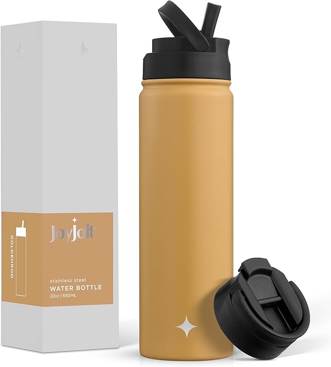 JoyJolt Triple Insulated Water Bottle with Straw Lid AND Flip Lid! 22oz Water Bottle, 12 Hour Hot/Cold Vacuum Insulated Stainless Steel Water Bottle. BPA-Free Leakproof Water Bottles - Thermos Bottle