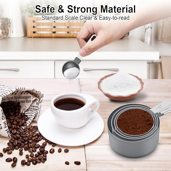 Measuring Cups and Spoons Set of 10 Pieces, Nesting Measure Cups Spoons with Stainless Steel Handle for Dry & Liquid Ingredient, Kitchen Gadgets, Grey