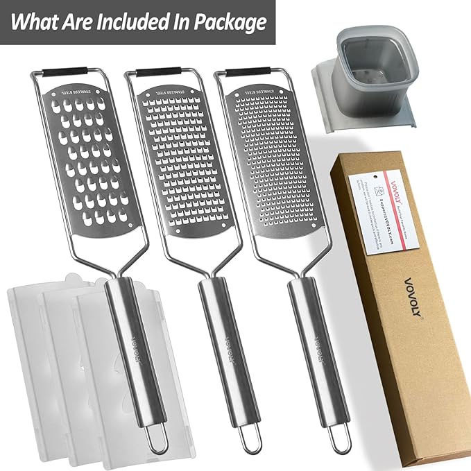 Vovoly 4-Pcs Pro Set Zester Grater Set, Cheese Grater with Razor-Sharp Stainless Steel Blade, Fine/Coarse/Extra Coarse/Slider Attachment