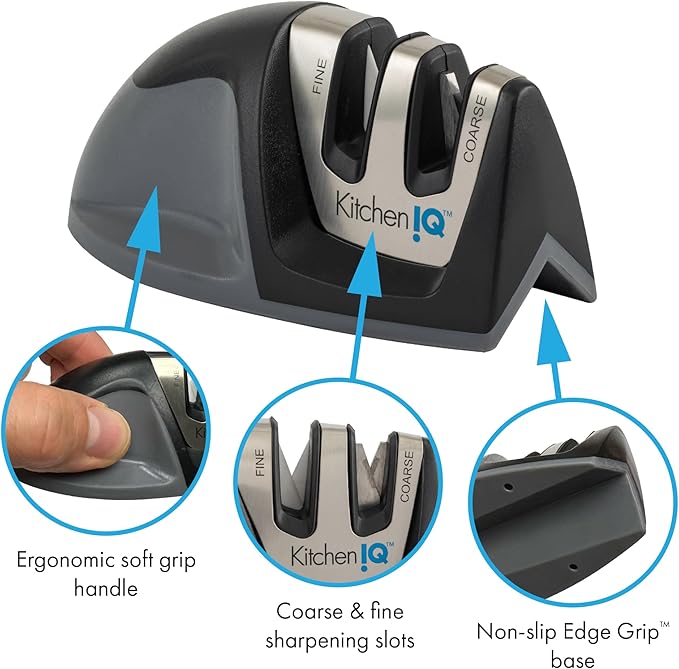 KitchenIQ 50009 Edge Grip 2-Stage Knife Sharpener, Black, Coarse & Fine Sharpeners, Compact for Easy Storage, Stable Non-Slip Base, Soft Grip Rubber Handle, Straight & Serrated Knives
