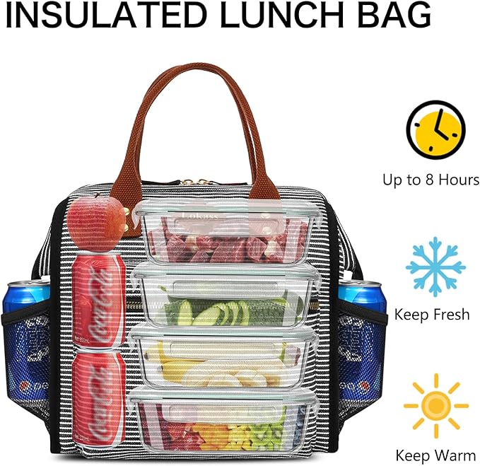 LOKASS Lunch Bag Insulated Lunch Box Wide-Open Lunch Tote Bag with Removable Shoulder Strap for Women/Men Adults Work Picnic Beach Travel(Stripes)