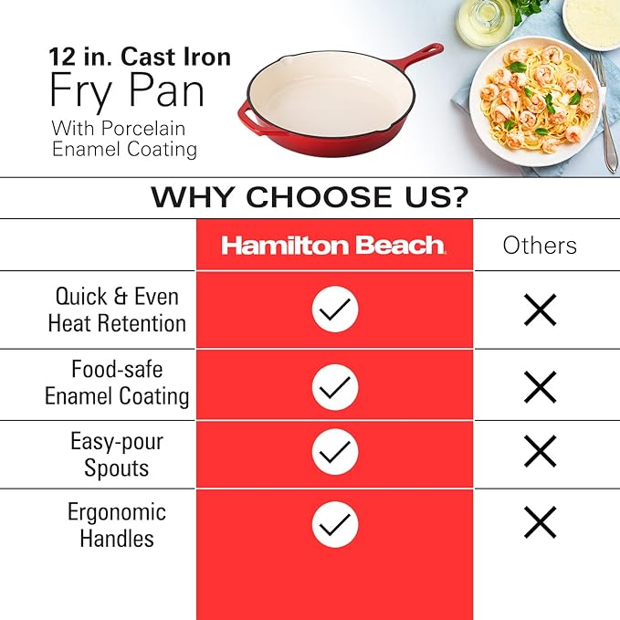 Hamilton Beach Enameled Cast Iron Fry Pan 12-Inch Red, Cream Enamel Coating, Skillet Pan for Stove Top and Oven