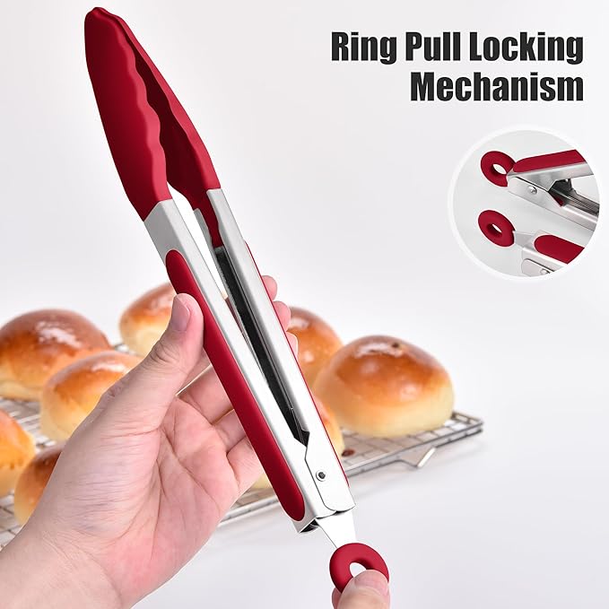 Doosu Kitchen Tongs for Cooking - 600°F Heat Resistant Food Tong Set with Non-Scratch Silicone Tips, Heavy Duty Stainless Steel Locking Tong for BBQ, Grilling Steak, Serving Salad (7+9+12in, Red)