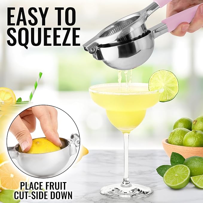 Zulay Kitchen Lemon Squeezer Stainless Steel with Premium Heavy Duty Solid Metal Squeezer Bowl and Food Grade Silicone Handles - Large Manual Citrus Press Juicer and SS Lime Squeezer (Pink)