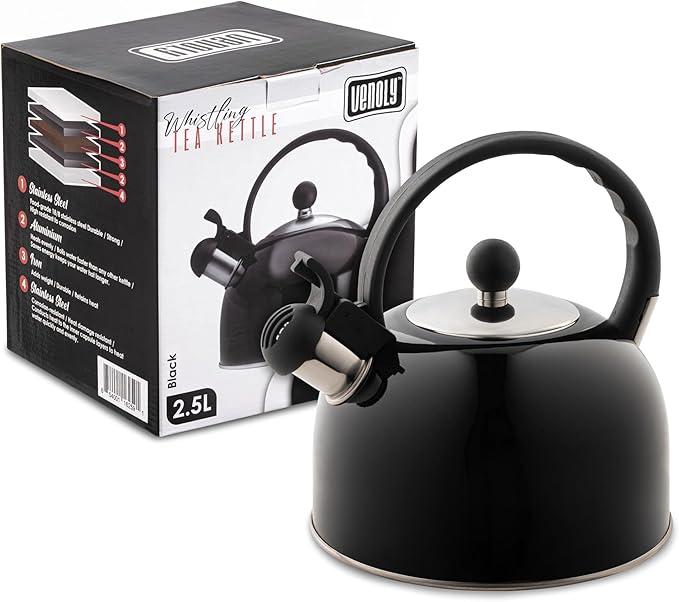 Venoly 2.5 Liter Whistling Tea Kettle - Modern Stainless Steel Whistling Tea Pot for Stovetop Hot Water Boiler with Cool Grip Ergonomic Handle (Black, 2.5 Liter)