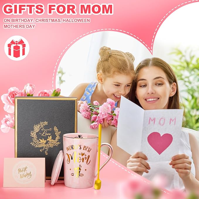 Birthday Gifts for Mom from Daughter Son Kids - Funny Birthday Gift Ideas for Mothers Wife Women - 14Oz Marble Ceramic Best Mom Coffee Mug with Lid Spoon Card, Box, Unique Moms Cup Gifts-Boxed Set