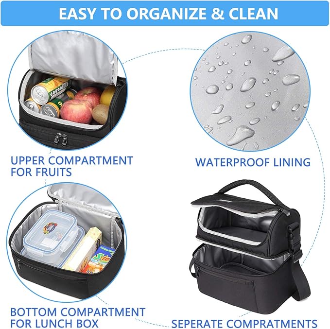 Vaschy Lunch Bag for Men and Women - 8L Capacity, Water Resistant, with Shoulder Strap and Carry Handle, Black