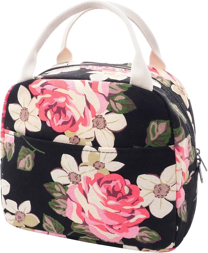EurCross Floral Lunch Bag Classic for Women Girls, High Grade Cotton Canvas Insulated Lunch Box Bag Hold Bento Box or Round, Square and Uniquely Shaped Lunch Containers, Small Light Weight for Carry
