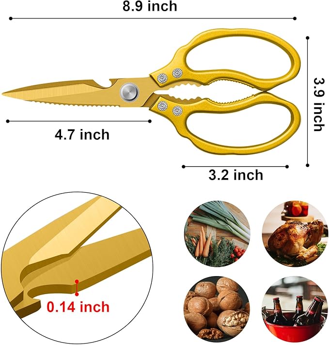 CGBE Kitchen Scissors, Multi-Purpose Kitchen Shears, Heavy Duty Dishwasher Safe Food Scissors for Chicken, Poultry, Fish, Meat & Herbs with Non-Slip Grips - ALL Gold