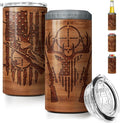 SANDJEST Hunting Tumbler Wood Style American Flag 4 in 1 12oz Tumbler Can Cooler Coozie Skinny Stainless Steel Tumbler Gift for Men Dad Best Friends Hunting Lovers Christmas Birthday Fathers Day