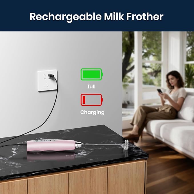 Milk Frother Rechargeable Handheld - Electric Whisk 3 Speed Adjustable, Coffee Frother Wand with 3 Stainless Whisks, Electric Foam Maker, Drink Mixer Blender for Latte Cappuccino Matcha Egg
