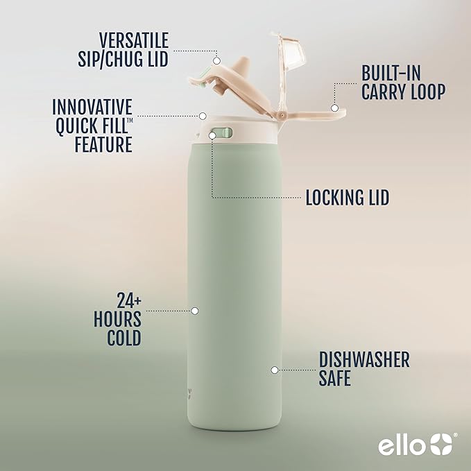 Ello Pop & Fill Stainless Steel Water Bottle with Quick Fill Technology, Double Walled Vacuum Insulated Metal, Leak Proof Locking Lid, Sip & Chug, BPA Free, Holiday Gift for Him Her, 22oz, 32oz, 40oz