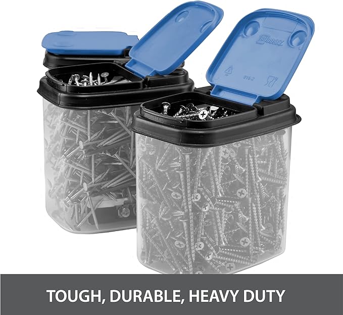 Buddeez Multi-Purpose Hardware Storage Bins Bits and Bolts Small Storage Containers, Hardware Organizers, Clear Containers With Blue Stackable Lids, Bolt and Screw Organizer (1 Quart - 8 Pack)