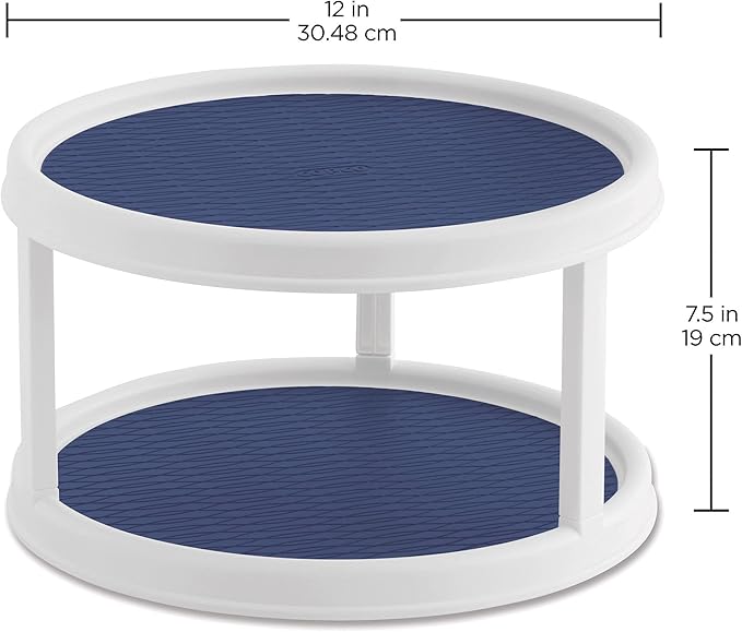 Copco Non-Skid 2 Tier Pantry Cabinet Lazy Susan Turntable, 12-Inch - Organize Kitchen, Bathroom, Home Office, Laundry Room, Garage, Craft Room - Kitchen Turntable & Pantry Organizer (White/Blue)