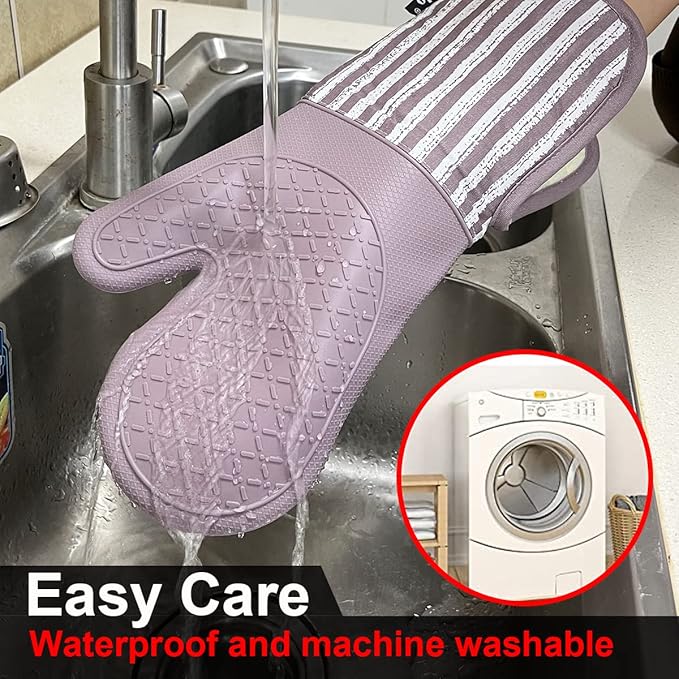 Silicone Oven Mitts Heat Resistant 932℉ with Waterproof & Non-Slip Kitchen Mittens, Set of 2 Extra Long Oven Gloves with Soft Cotton Terry Lining for Baking Cooking Barbecue(2, Purple Mitts)