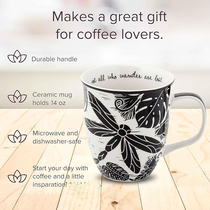Karma Gifts 16 oz Black and White Boho Mug Dragonfly - Cute Coffee and Tea Mug - Ceramic Coffee Mugs for Women and Men