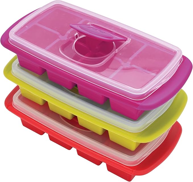 Joie Extra Large Ice Cube Tray, Covered and Stackable, No-Spill Removable Lid, Pop Open Door for Easy Refills, Keeps Ice Fresh, Freezer Durable, Dishwasher Safe, Colors May Vary
