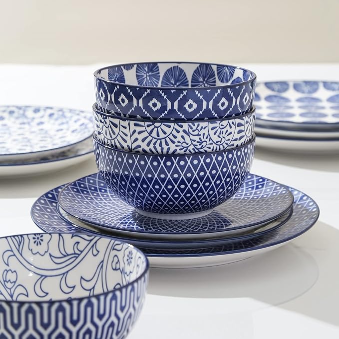 Selamica Ceramic Dinnerware Sets for 6, 24 Piece Plates and Bowls Sets, Highly Chip and Crack Resistant Dishes Set-Dishwasher & Microwave & Oven Safe, Vintage Blue