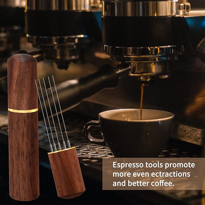 Espresso Coffee Stirrer 5 Needles 0.4mm Espresso Distribution Tools, Natural Wood Handle and Stand (Rosewood)